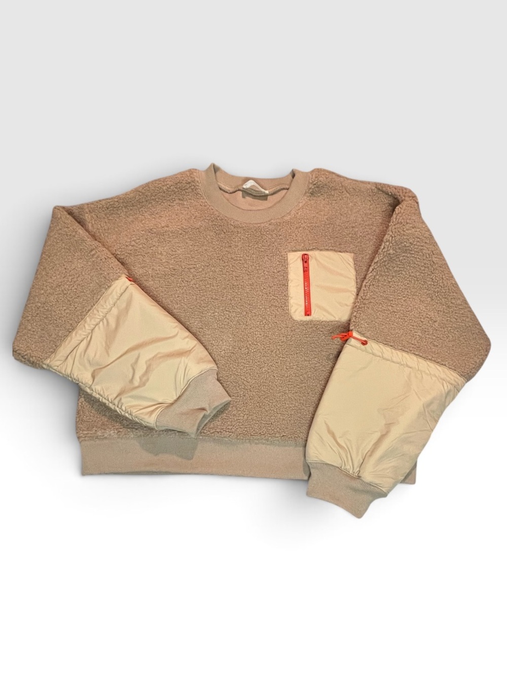 New In Sherpa Crewneck Pullover Sweater Jacket in Tan Orange L